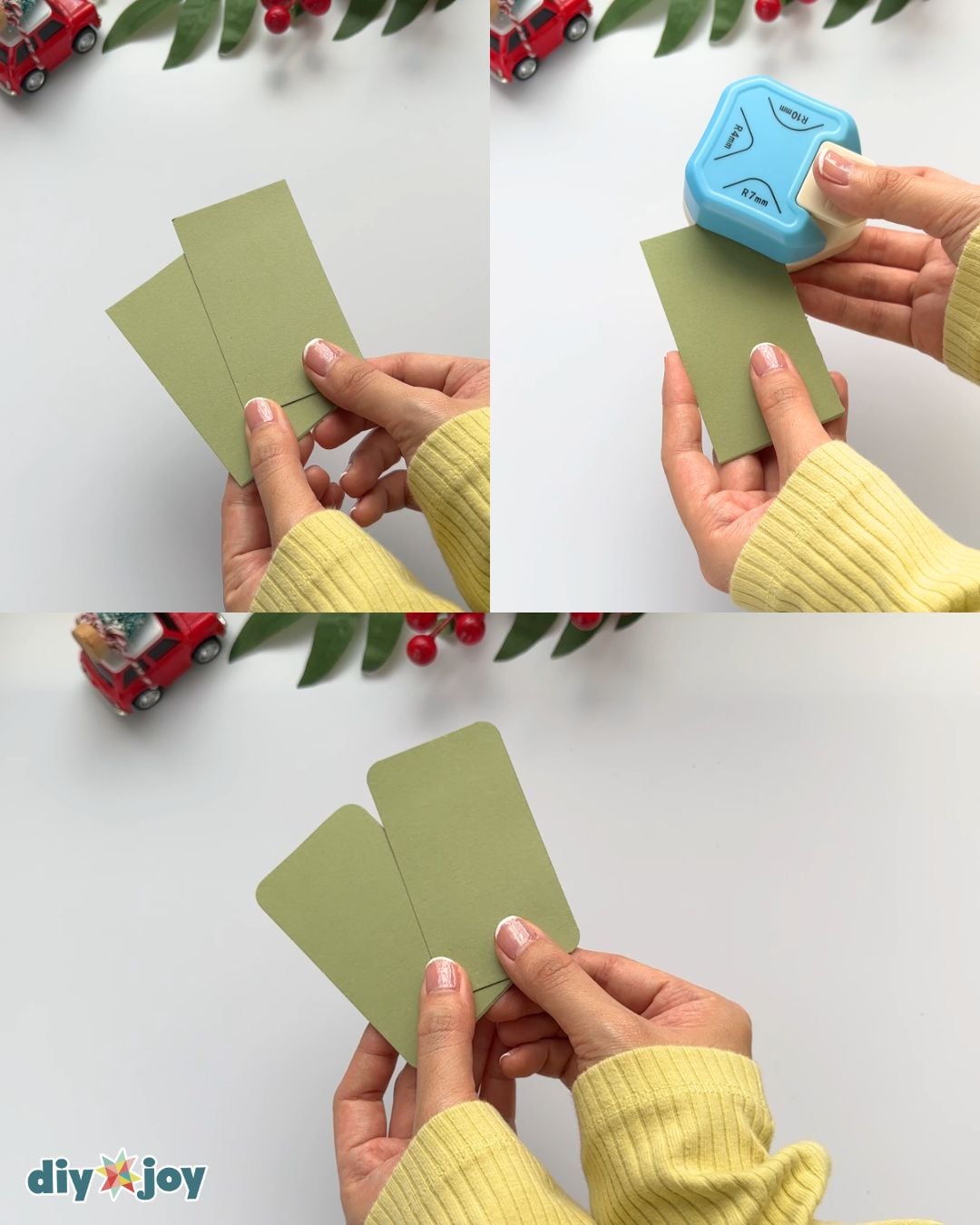 Paper embroidery for beginners - cutting cardstock into gift tag rectangles and rounding the corners with a puncher