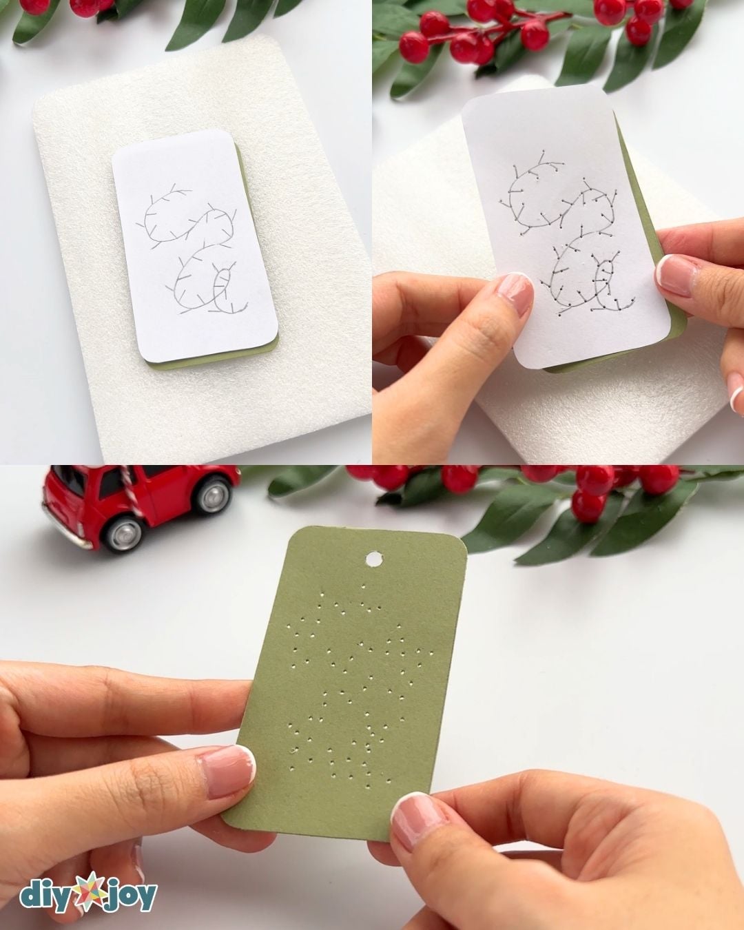Paper embroidery gift tags - punching holes along a Christmas lights pattern on green cardstock using foam as a base