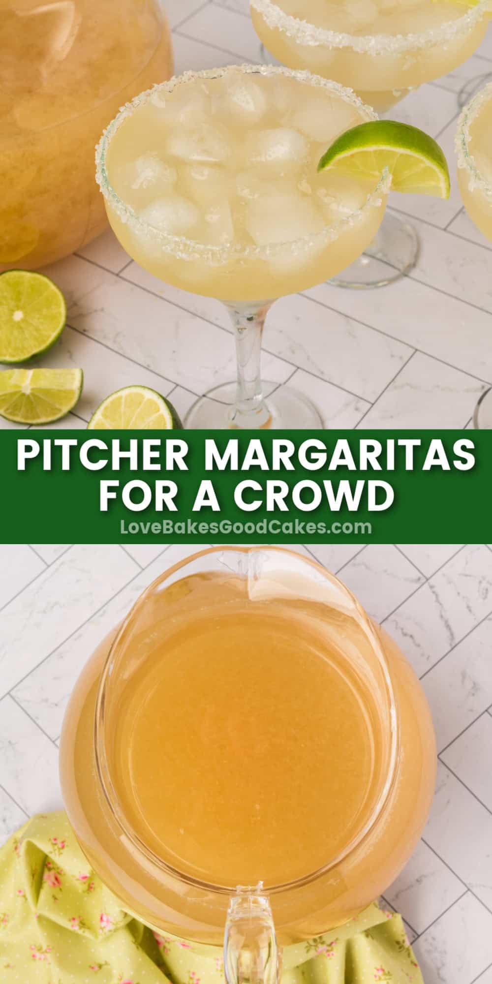 Pitcher of golden margaritas beside salt-rimmed glasses with lime wheels under the words Pitcher Margaritas for a Crowd