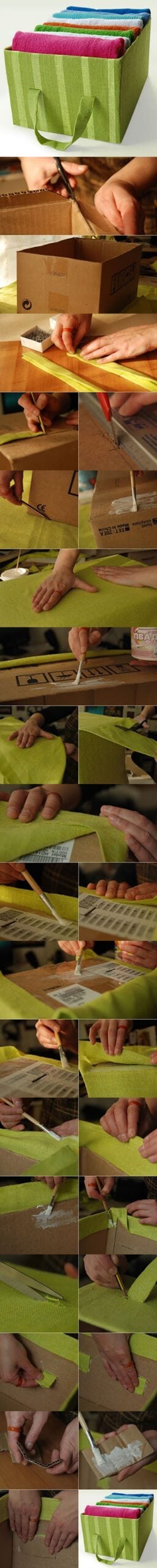 Wonderful DIY storage tote from cardboard, a green striped burlap covered box with fabric handles holding rolled towels