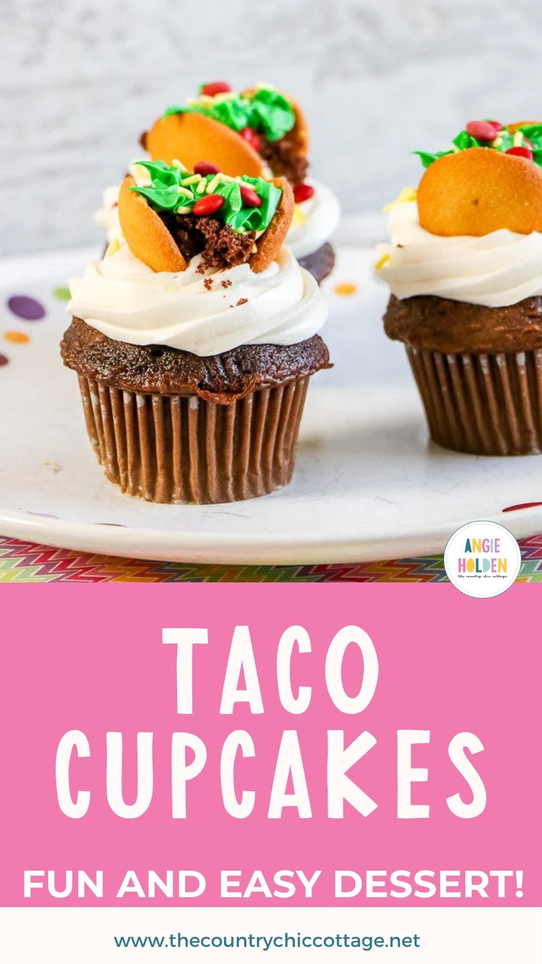 Chocolate cupcakes with white frosting and Nilla Wafer taco shells filled with cake crumbs, green frosting and candy