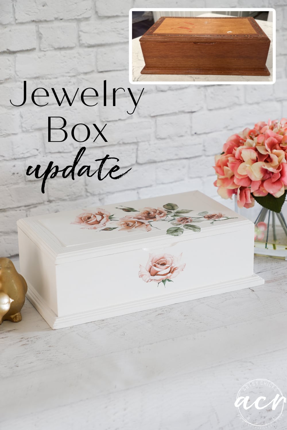 Thrifted Jewelry Box Makeover | Rose Transfer Lid Thrifted jewelry box painted cream with pink rose transfers on the lid, styled with gold birds and pink hydrangeas