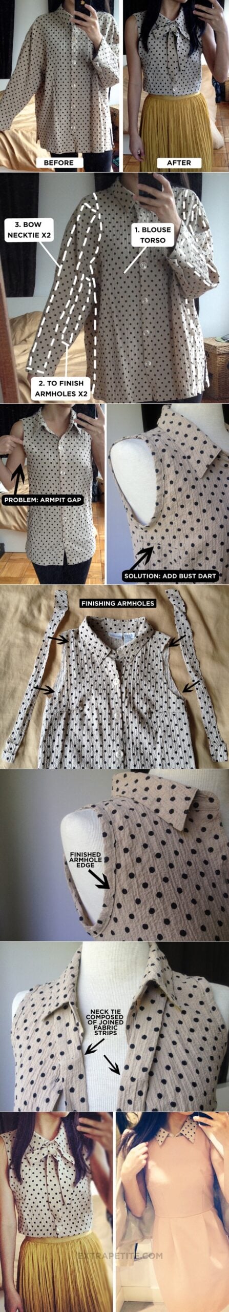 White polka dot sleeveless blouse with a neck bow over a mustard pleated skirt beside a pink dress
