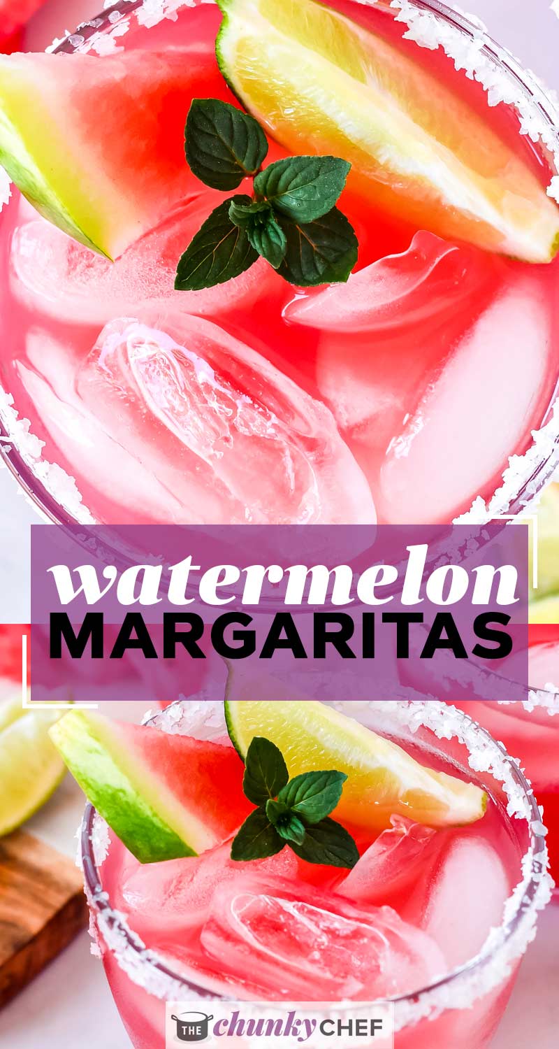 Pink watermelon margaritas on ice with watermelon wedges, lime and mint under the words Watermelon Margaritas