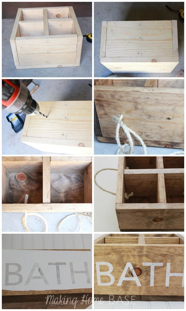 Wood caddy with rope handles for the bathroom, a walnut stained box stenciled BATH holding mason jars of cotton swabs
