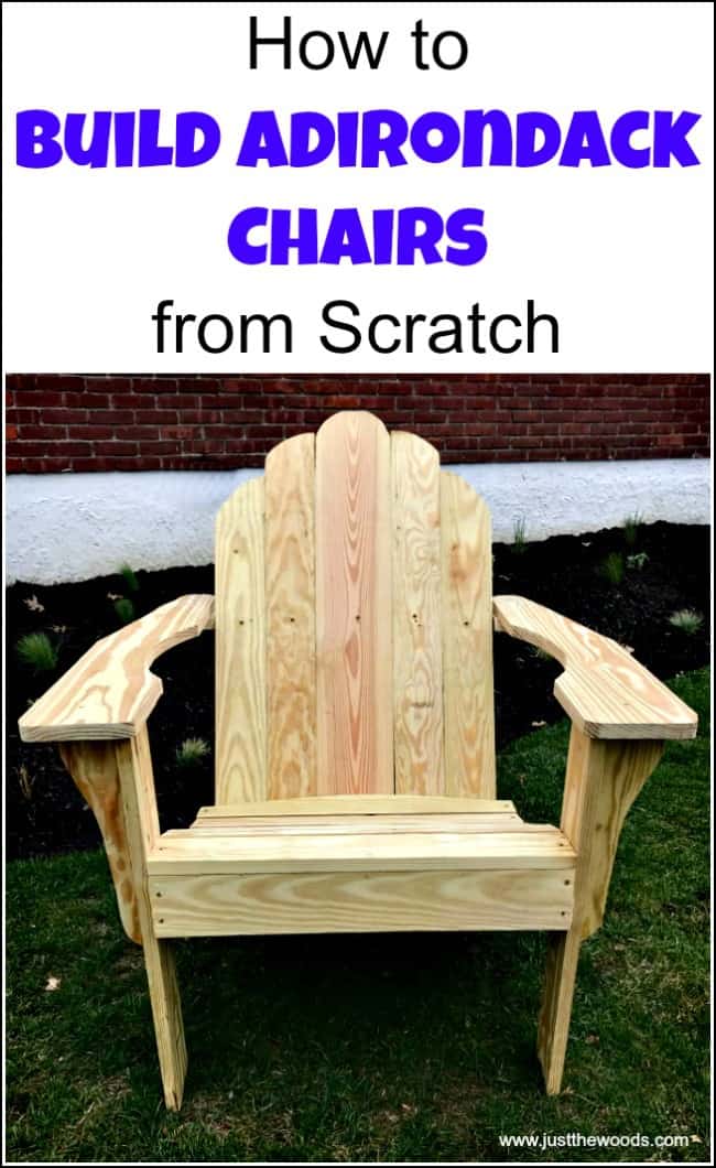 Adirondack Chairs From Templates | DIY Patio Furniture Idea Natural pine Adirondack chair built from free templates sitting on green grass in front of a brick wall, with a title