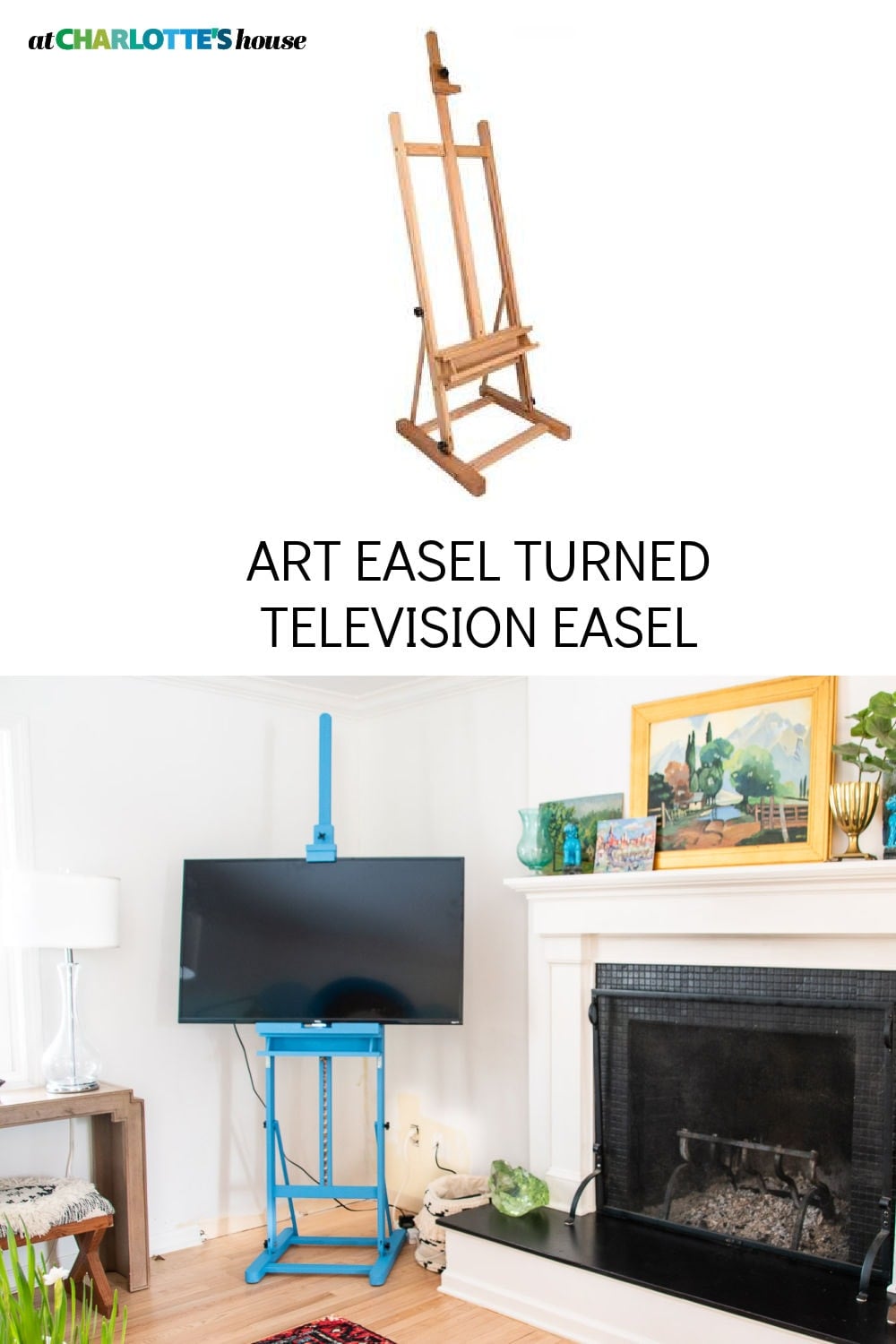 Art Easel TV Stand | DIY Media Room Idea Bright blue wooden art easel holding a flat screen TV beside a white fireplace, with the plain easel shown above