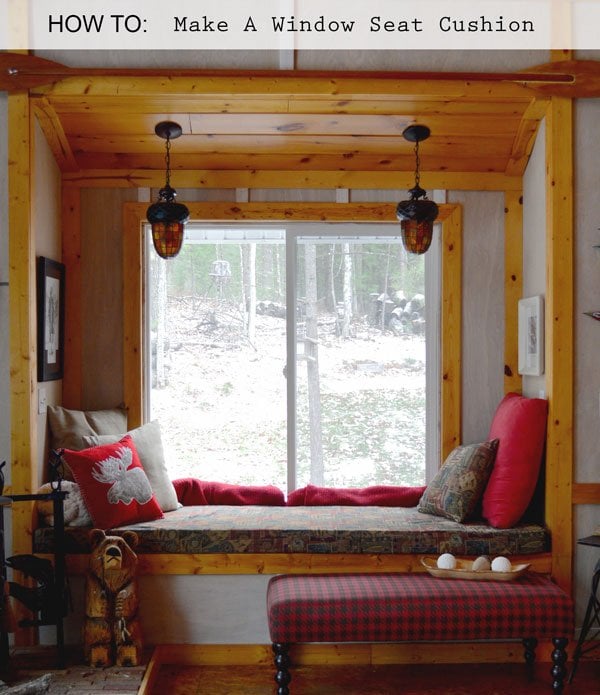 Box Cushion for a Window Seat | Home Sewing Project Cabin window seat with a long patterned box cushion, red and white pillows, pendant lights and a red plaid ottoman