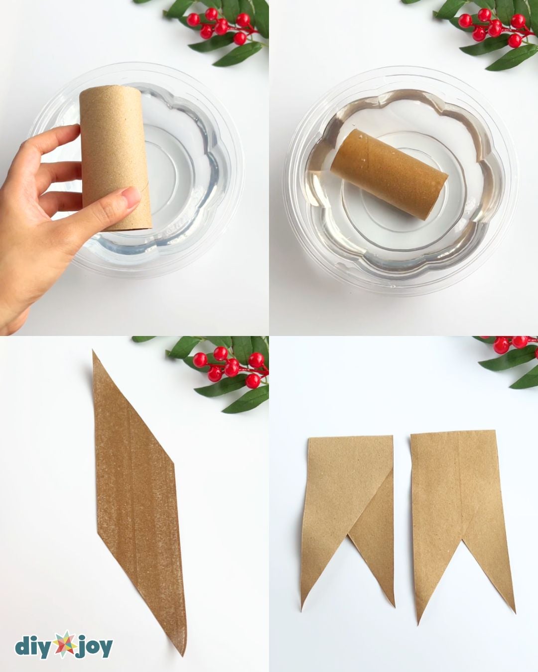 Soaked cardboard tube pieces folded into pennants and left to dry for a budget-friendly toilet paper roll Christmas banner