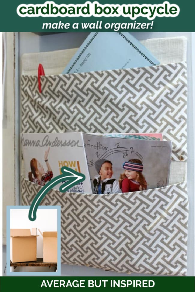 Cardboard wall organizer covered in gray and white geometric fabric with two pockets holding books and papers on a wall