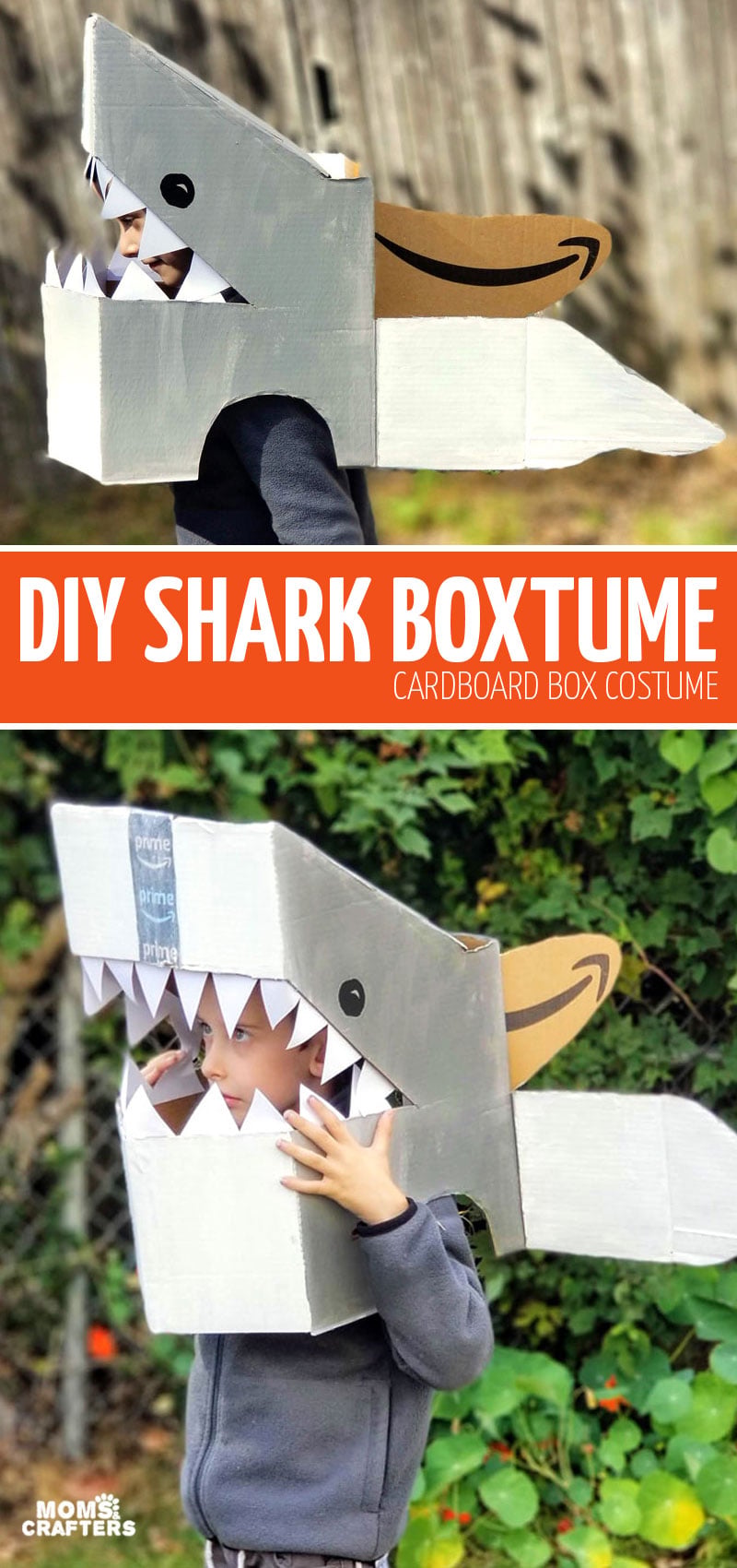 Boy wearing a gray painted cardboard box shark head with white paper teeth and a dorsal fin outdoors