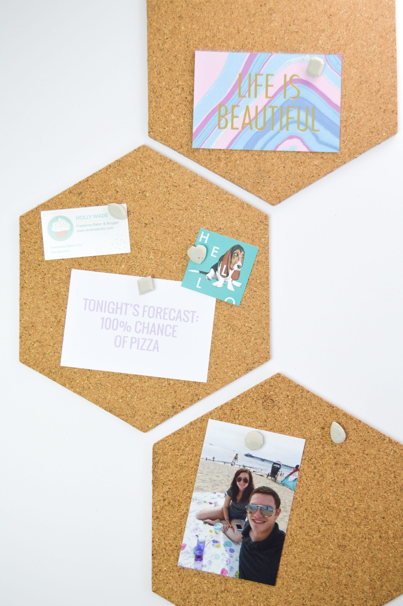 Cement Gem Push Pins | Candy Mold Office DIY Gray faceted cement gem push pins holding cards and photos on three hexagon cork boards on a white wall
