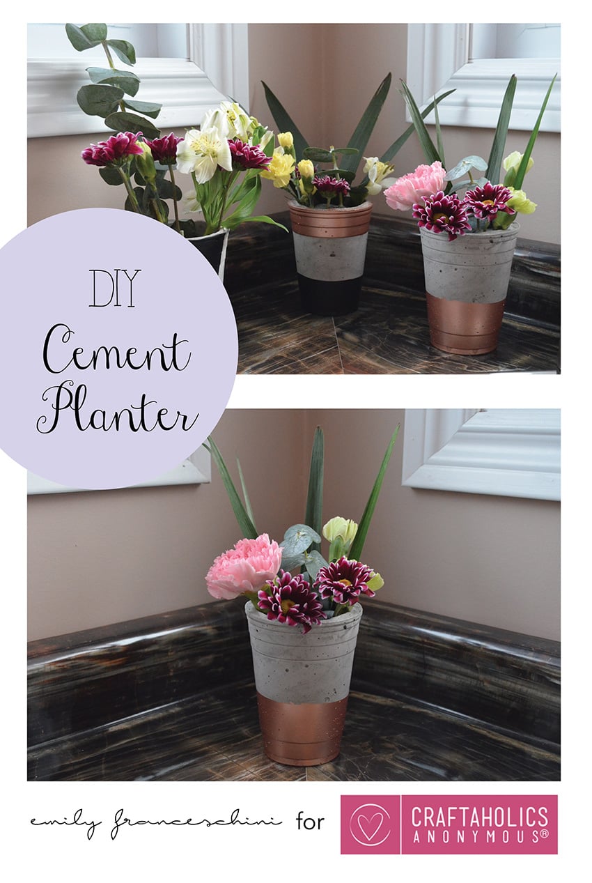 Cement Cup Planters | Easy Party Cup Mold Planters Two cement cup planters with copper and black painted bands holding pink carnations and lilies, with a title circle