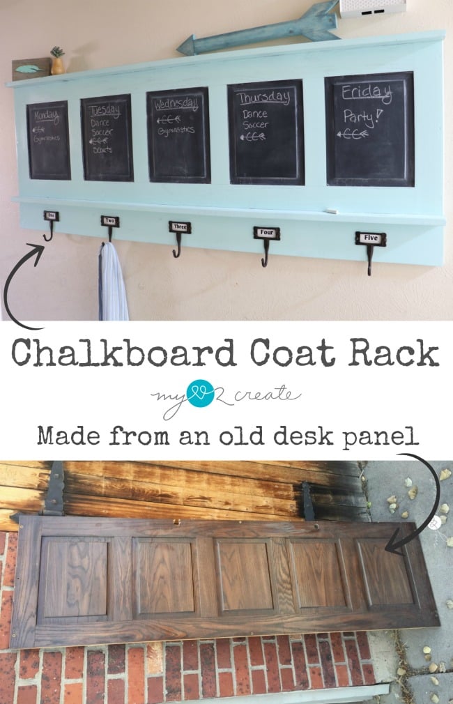 Aqua chalkboard coat rack with five chalk panels and metal hooks, shown above the old wooden desk panel it was made from