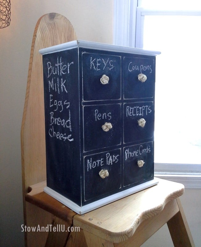 Mini drawer chest painted with chalkboard paint, rope knobs and chalk labels for keys, coupons, pens, receipts and note pads
