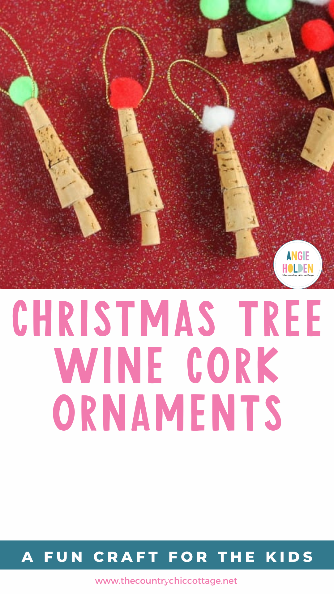 Christmas tree wine cork ornaments, stacked cork pieces topped with green, red and white pom poms on red glitter