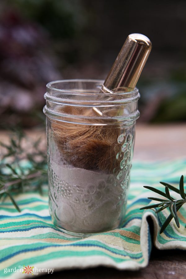 Mason jar of brown homemade cocoa rosemary dry shampoo with a makeup brush beside fresh rosemary sprigs on a striped towel