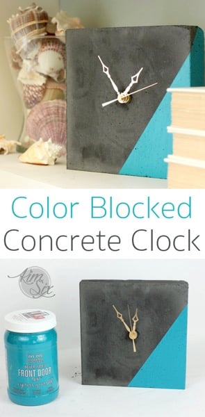 Color Blocked Concrete Clock | Modern Desk Clock DIY Black concrete desk clock with a teal painted corner and gold hands beside shells and books, with a paint can below
