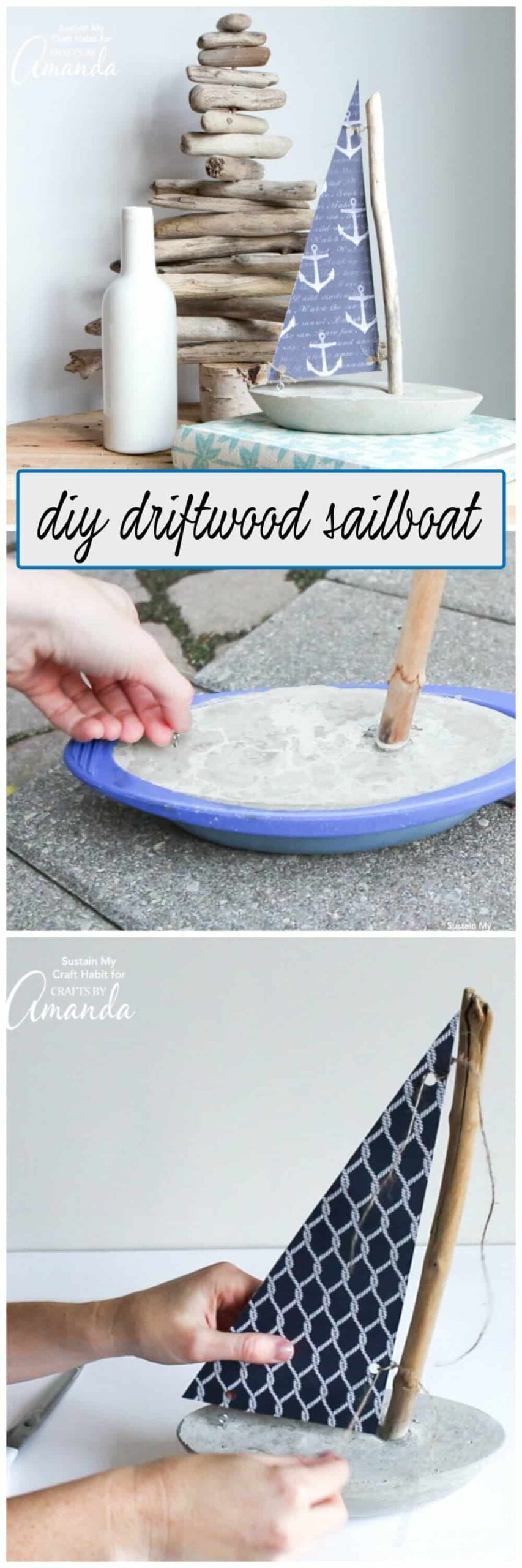 Concrete and Driftwood Sailboat | Coastal Decor DIY Concrete boat base with a driftwood mast and blue anchor print paper sail, above photos of the mold and the sail steps