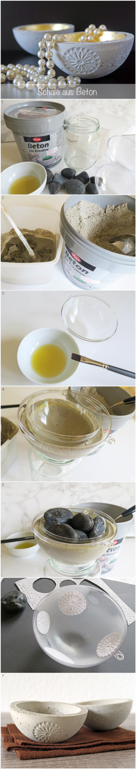 Concrete Jewelry Bowls | Gold Leaf Trinket Dish DIY Step by step collage of a small concrete bowl cast in acrylic half spheres, with oiled molds, stones and a gold inside