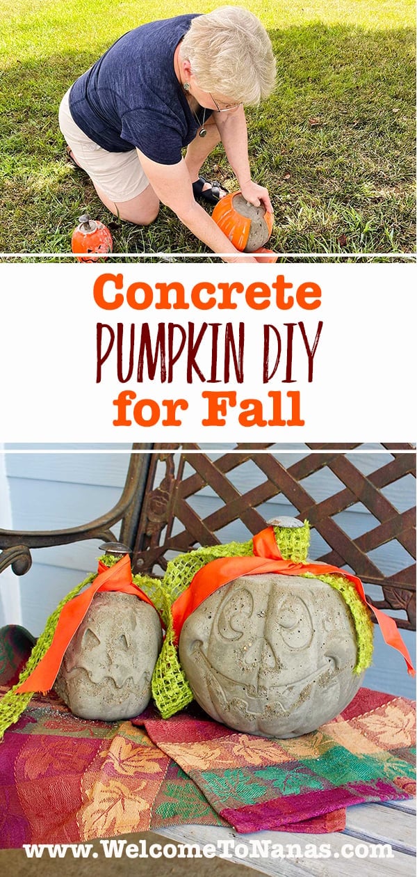 Concrete Pumpkin DIY | Front Porch Fall Decor Two concrete jack-o-lantern pumpkins with orange ribbon on a fall tablecloth, below a photo of a person pouring concrete