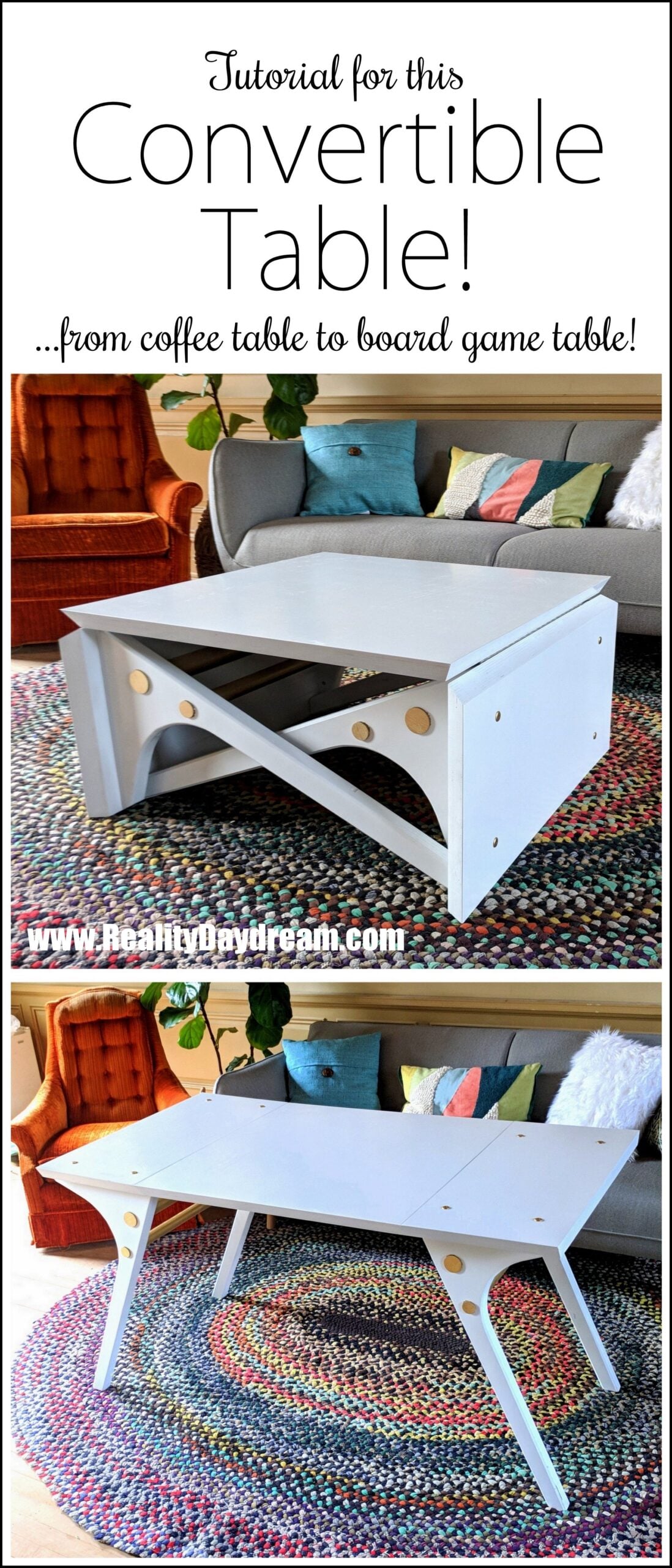 Pin graphic showing a white convertible coffee table on a braided rug, and the same table opened up into a full size table