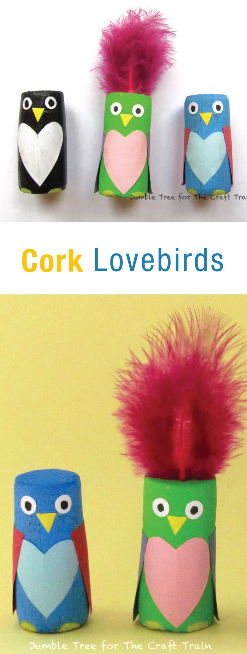 Cork lovebirds painted green, blue and black with paper heart bellies, punched paper eyes and pink feather crests
