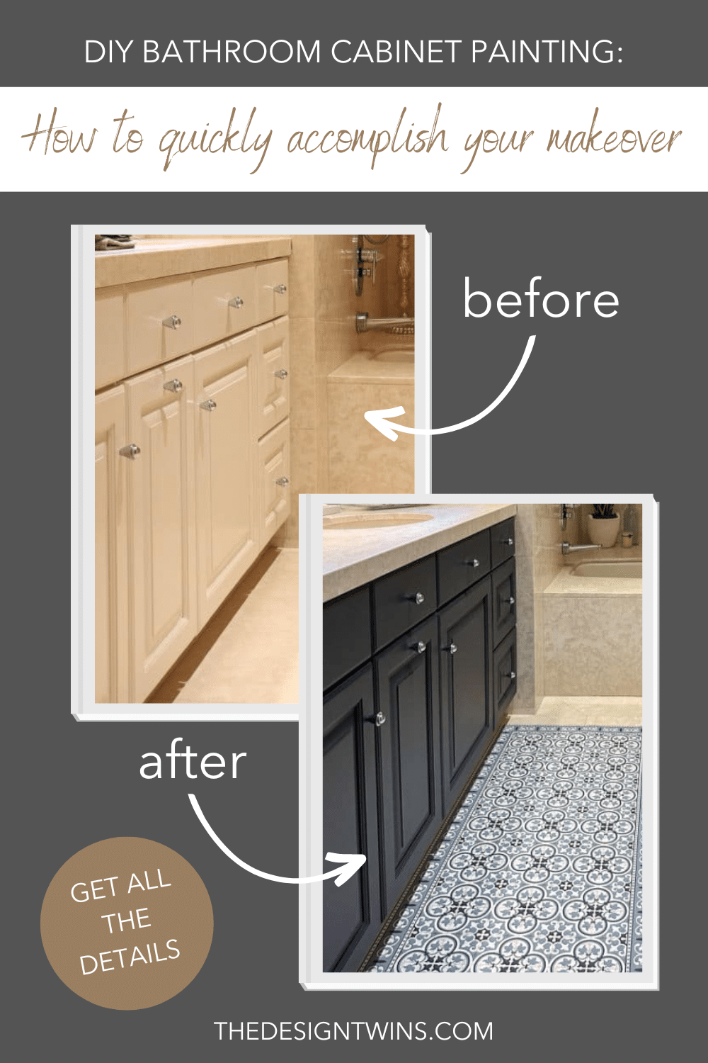Before and after of cream bathroom cabinets painted dark charcoal above a black and white patterned floor