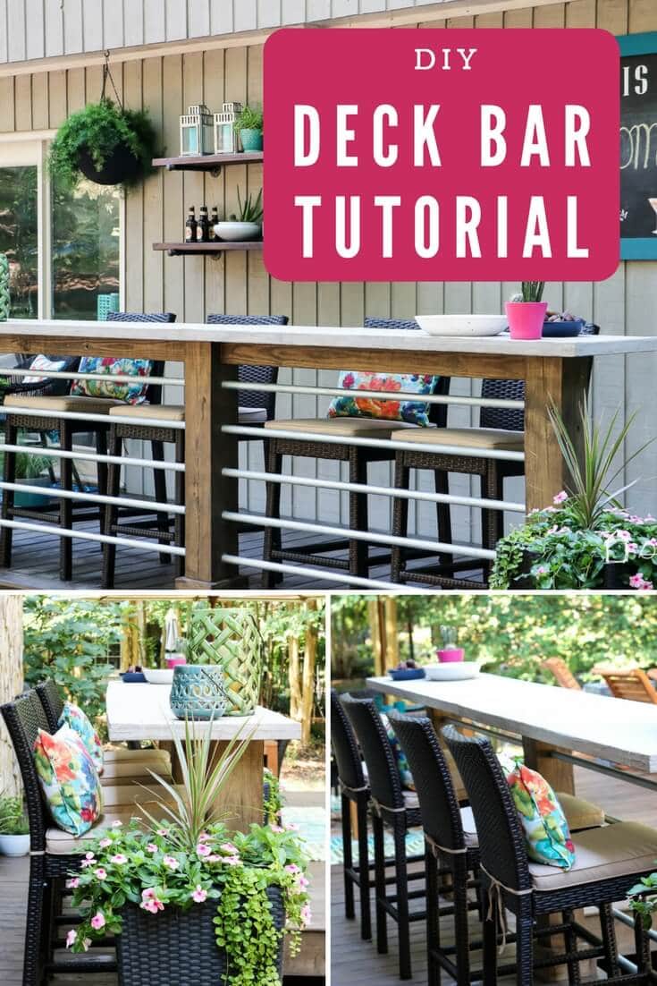 Deck Bar With Conduit Rails | DIY Patio Furniture Idea Long deck bar with wood posts, white conduit rails and a concrete look top, lined with wicker bar stools and planters