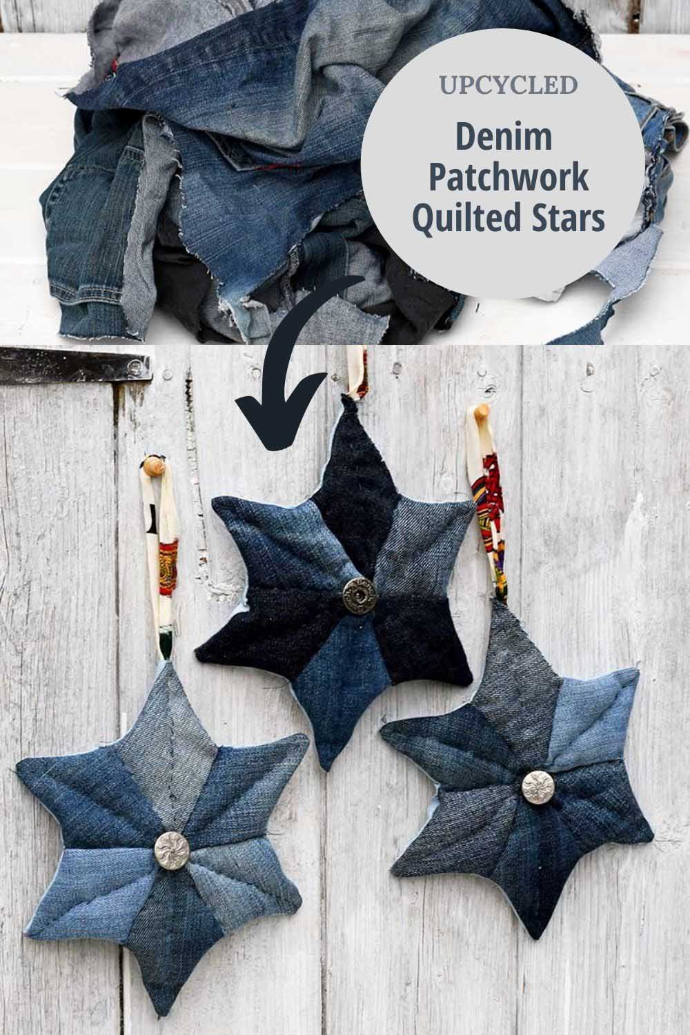 Three hanging patchwork denim star ornaments in light and dark indigo with metal jean buttons, above a pile of old jeans