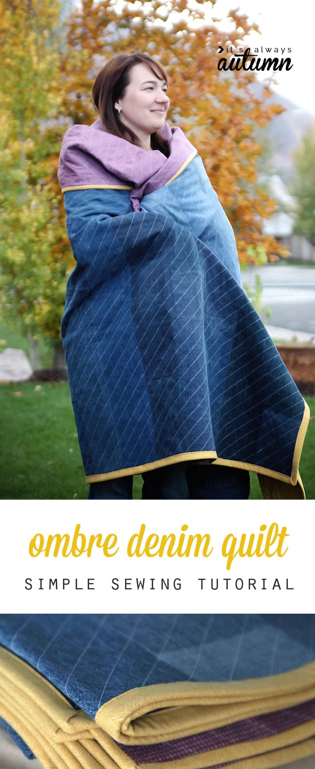 Modern denim quilt made from old jeans cut into strips, light to dark ombre denim on a bed with straight line quilting