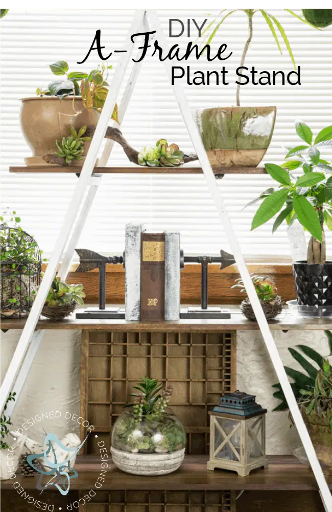 White distressed A frame plant stand with walnut shelves holding potted plants, succulents, a lantern and books