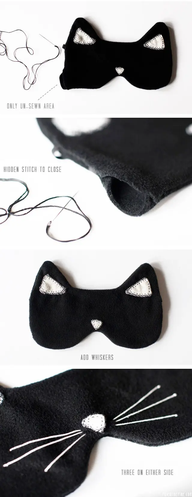 DIY cat eye mask, a black fleece sleep mask shaped as a cat face with white ear tips and stitched whiskers on white