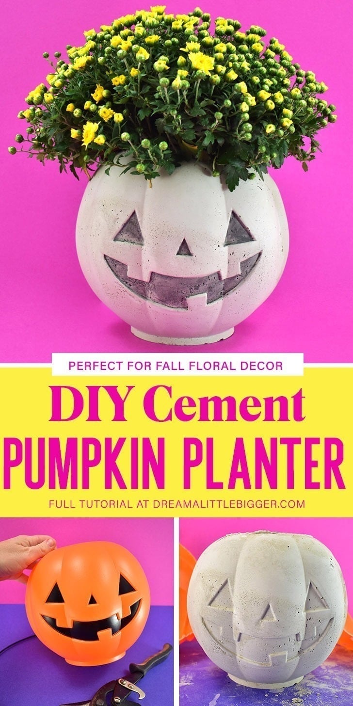 Cement Jack-O-Lantern Planters | Halloween Porch DIY White cement jack-o-lantern planter overflowing with yellow mums, above photos of the plastic pail mold and painted face