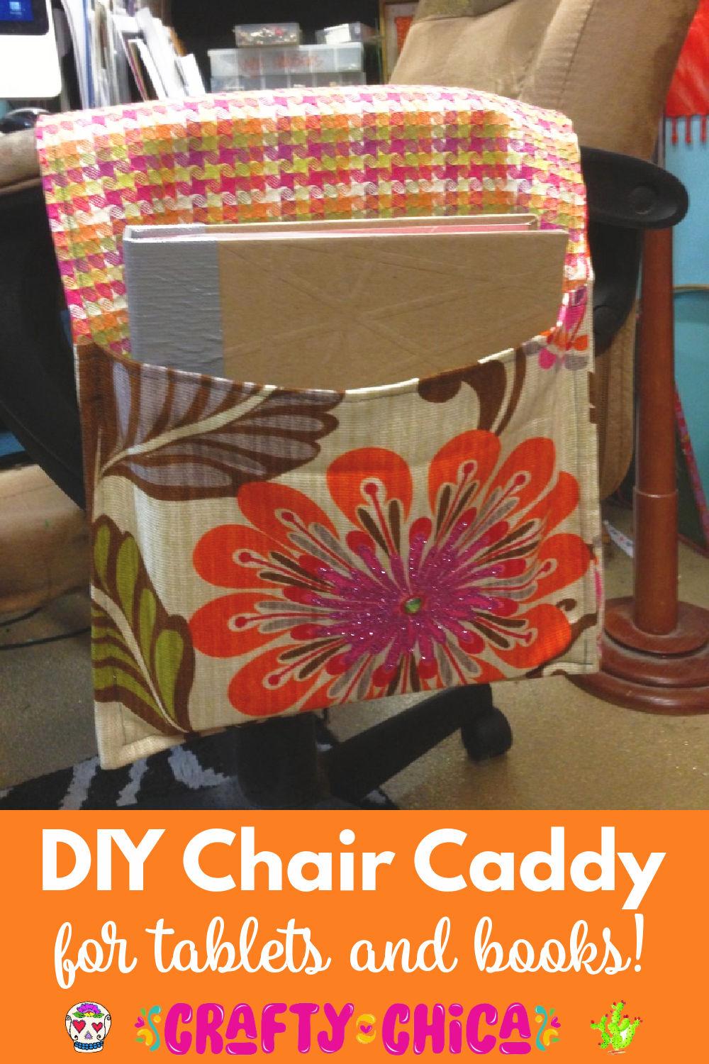 DIY outdoor chair caddy, an orange and pink floral fabric pocket sleeve draped over a chair arm with a glitter flower