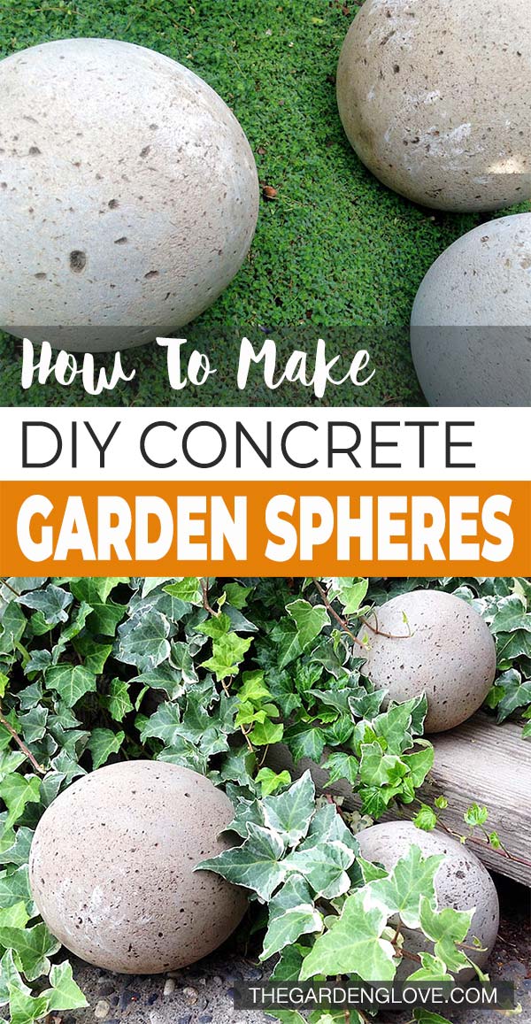 DIY Concrete Garden Spheres | Lamp Globe Mold Rough pale concrete garden spheres on green moss and among ivy leaves, with How To Make DIY Concrete Garden Spheres text