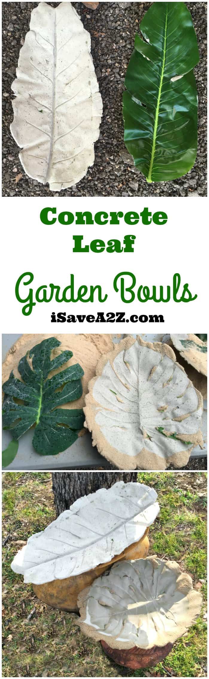 Concrete Leaf Garden Bowl | Bird Bath DIY White concrete leaf bowl beside a green faux leaf, above leaf shaped concrete bowls and a title, on dark garden gravel
