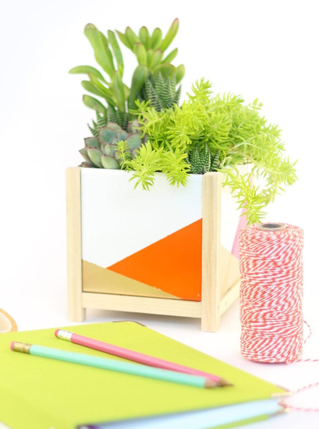 DIY Desktop Tile Planter | Color Block Succulents DIY desktop tile planter with white, orange and gold color block tiles in a light wood dowel frame holding succulents