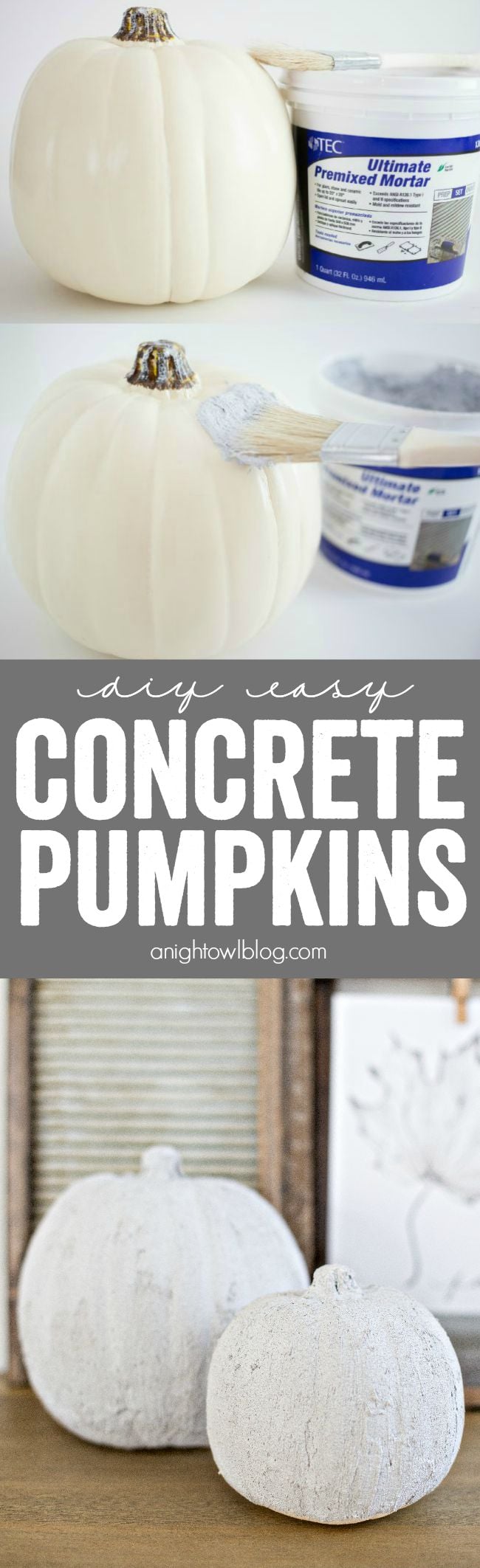 Easy Concrete Pumpkins | Mortar Coated Fall Decor White craft pumpkin being brushed with mortar beside the mortar tub, above a title and two finished textured pumpkins