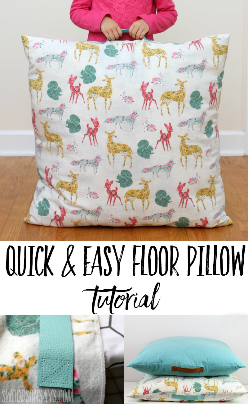 DIY Floor Cushion | Easy Floor Pillow Large floor cushion in a white flannel print with pink and gold deer and green leaves, with a quick and easy title below