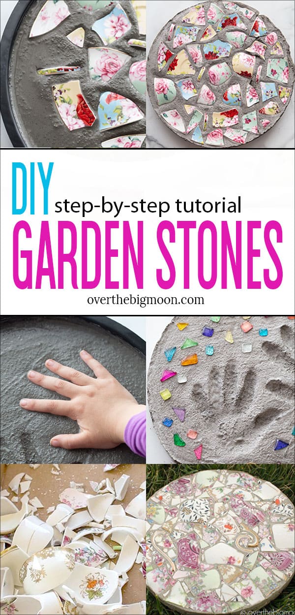 DIY Garden Stones | Broken China Mosaic Two round garden stones, one with broken floral china pieces and one with handprints and gems, under a title