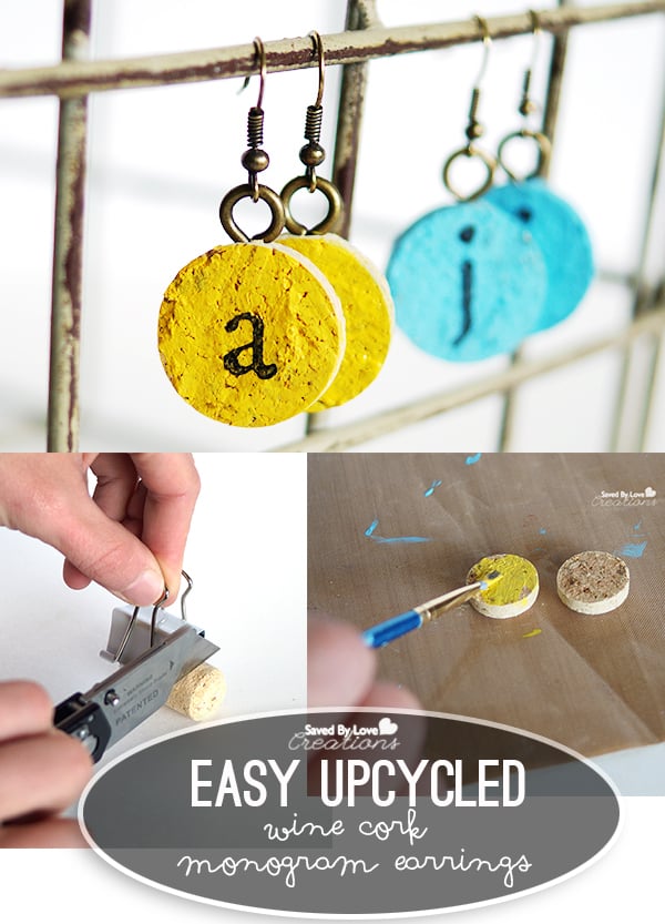 DIY monogram wine cork earrings, yellow and aqua cork disks stamped with letters on hooks, above step photos of painting
