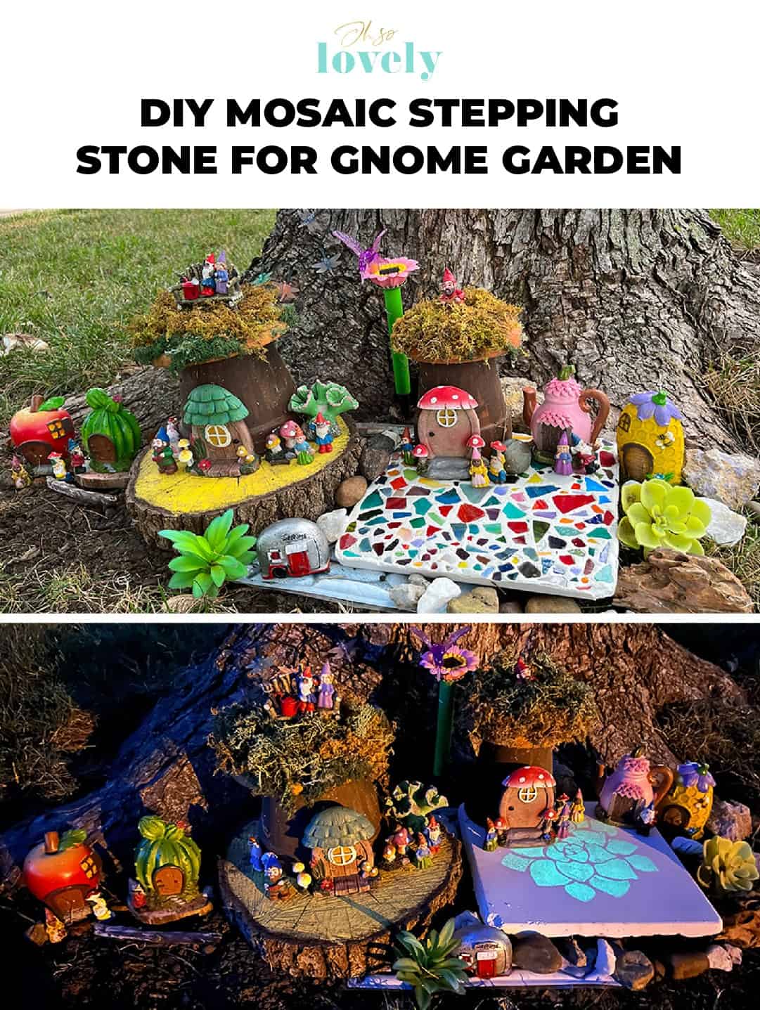 Mosaic Stepping Stone | Gnome Garden DIY Colorful mosaic stepping stone in a fairy gnome village of painted pots and mushrooms at a tree base, under a title