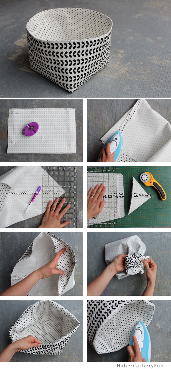 Reversible Fabric Storage Bin | Easy Sewing Step by step photo guide for a reversible black and white fabric storage bin, from cutting and pressing to boxing corners