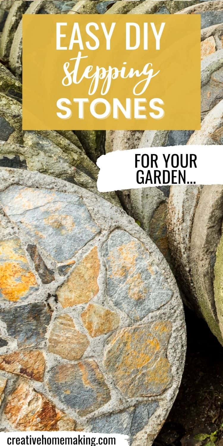 DIY Stepping Stones | Plant Saucer Mold Garden Craft Stack of round concrete stepping stones with gray and tan flat stones set into the tops, with an Easy DIY title