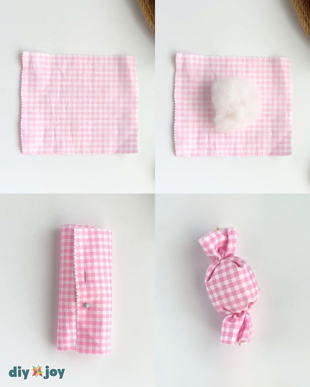 Four steps of wrapping a pink gingham fabric rectangle around fiberfill and tying the ends into a fabric candy