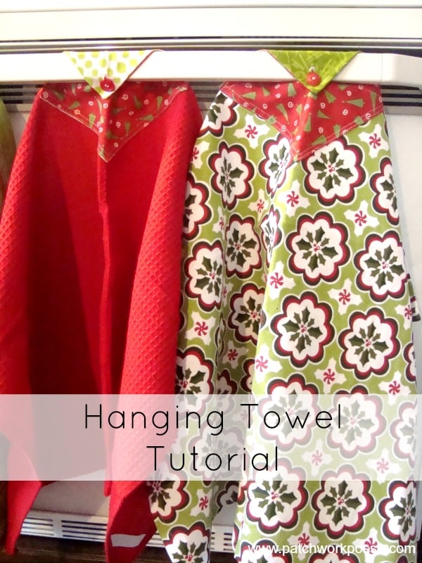 Easy Button Hanging Kitchen Towel | Home Sewing Red and floral print hanging kitchen towels with pointed fabric tops buttoned over an oven handle, a hanging towel pin