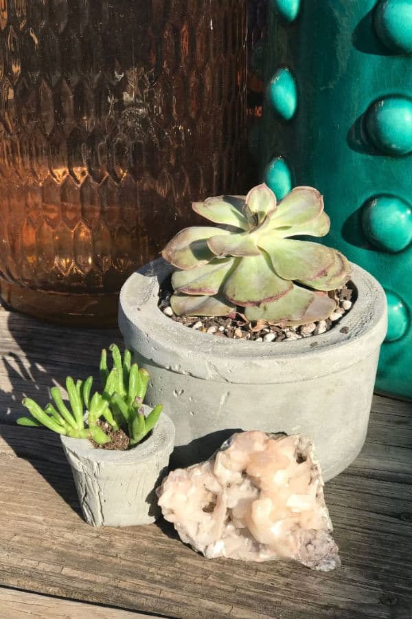 Easy DIY Concrete Pots | Recycled Mold Succulent Pots Round gray concrete pot holding a pale green echeveria, a small concrete pot of succulents and a pink crystal on wood