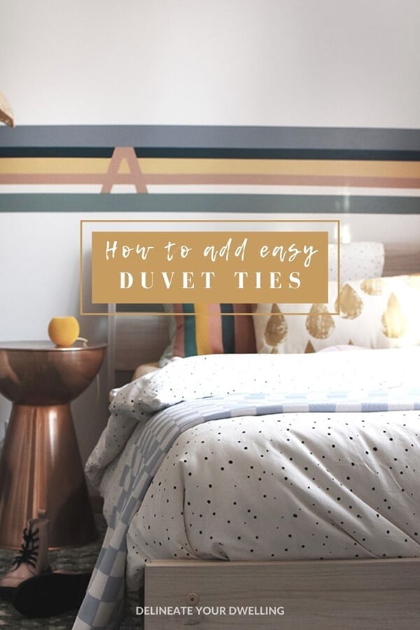 Easy Duvet Ties | Home Sewing Project Bed with a white polka dot duvet and checked sheet below a striped mural wall, with an easy duvet ties title graphic