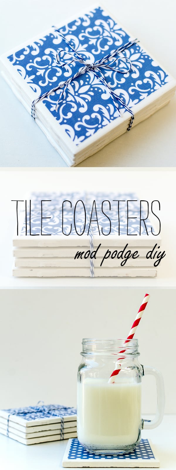 Easy Mod Podge Tile Coasters | Damask Paper Set Easy Mod Podge tile coasters with blue and white damask paper, stacked and tied with blue and white baker's twine